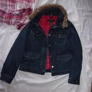 Eddie Bauer   womens size medium petite blue jean jacket coat  faux fur